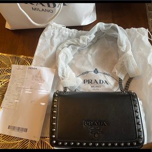 Prada Glace Calfskin Studded Black Crossbody Shoulder Bag